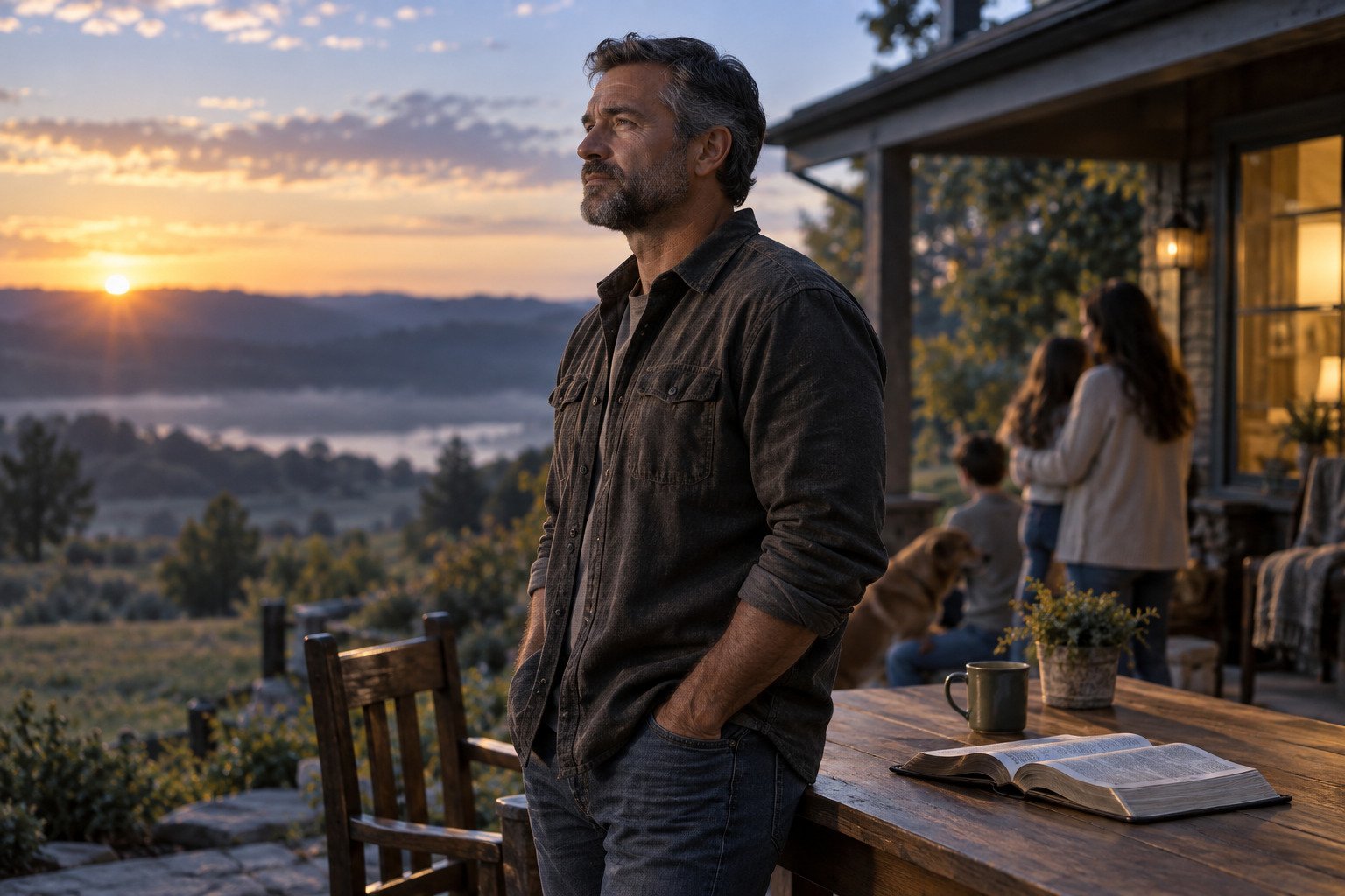 A man stands thoughtfully beside an open Bible at sunset while his family gathers near their home behind him.