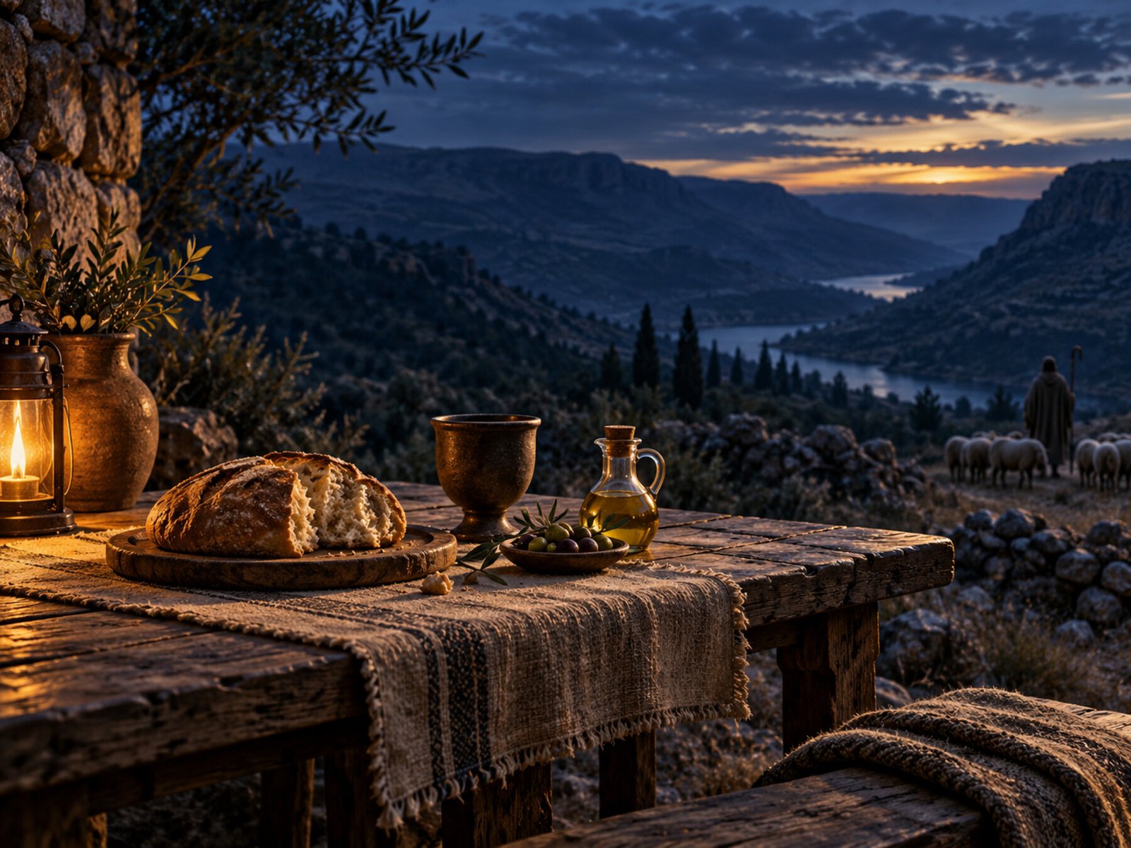 Bread, a cup, and olive oil on a prepared table overlooking a shepherd and sheep in a mountain valley at dusk.