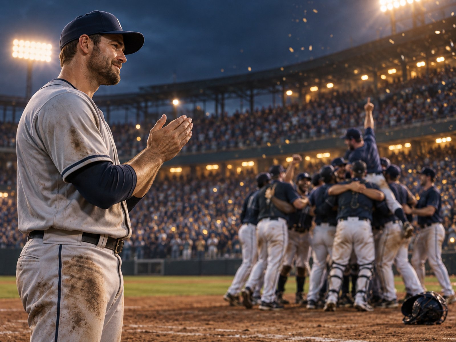 A baseball player graciously applauding as the opposing team celebrates a victory.