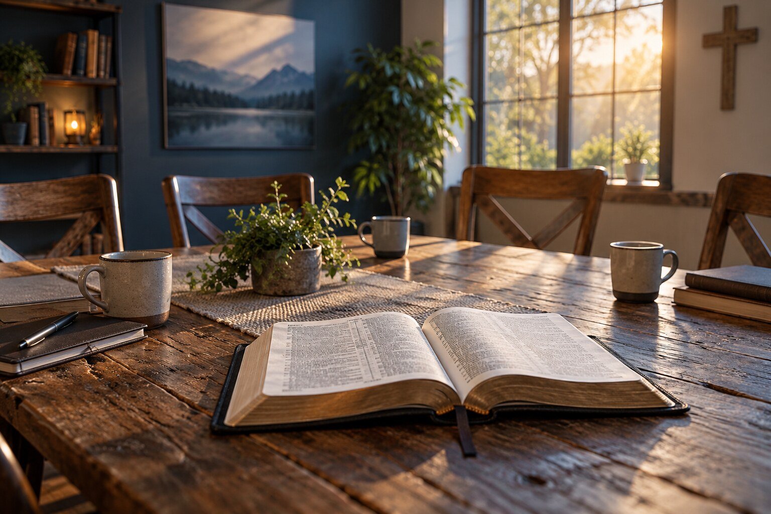 An open Bible rests on a wooden table surrounded by chairs in a warmly lit meeting room.