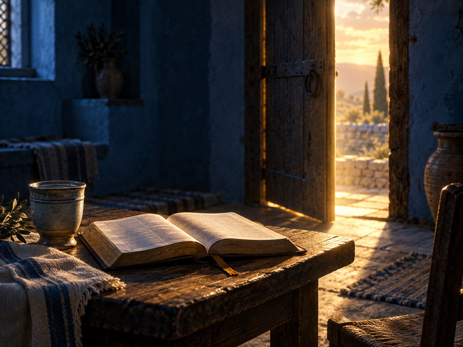 An open Bible and cup on a wooden table beside an open doorway filled with warm morning light.