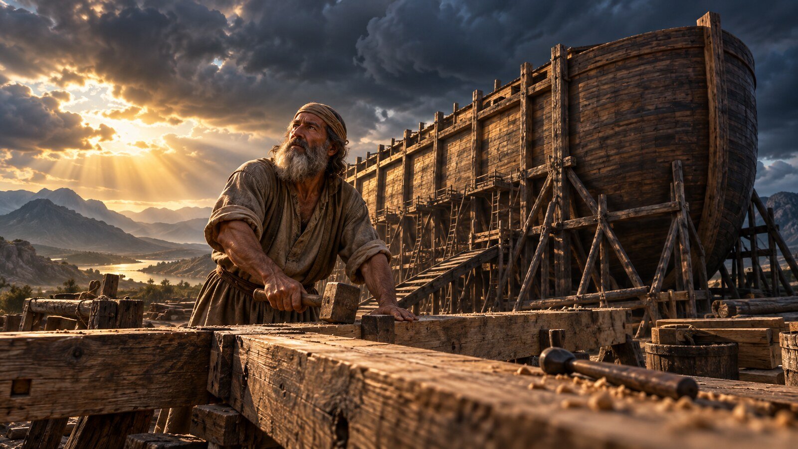 Noah works on the massive wooden ark as first light breaks through gathering storm clouds.