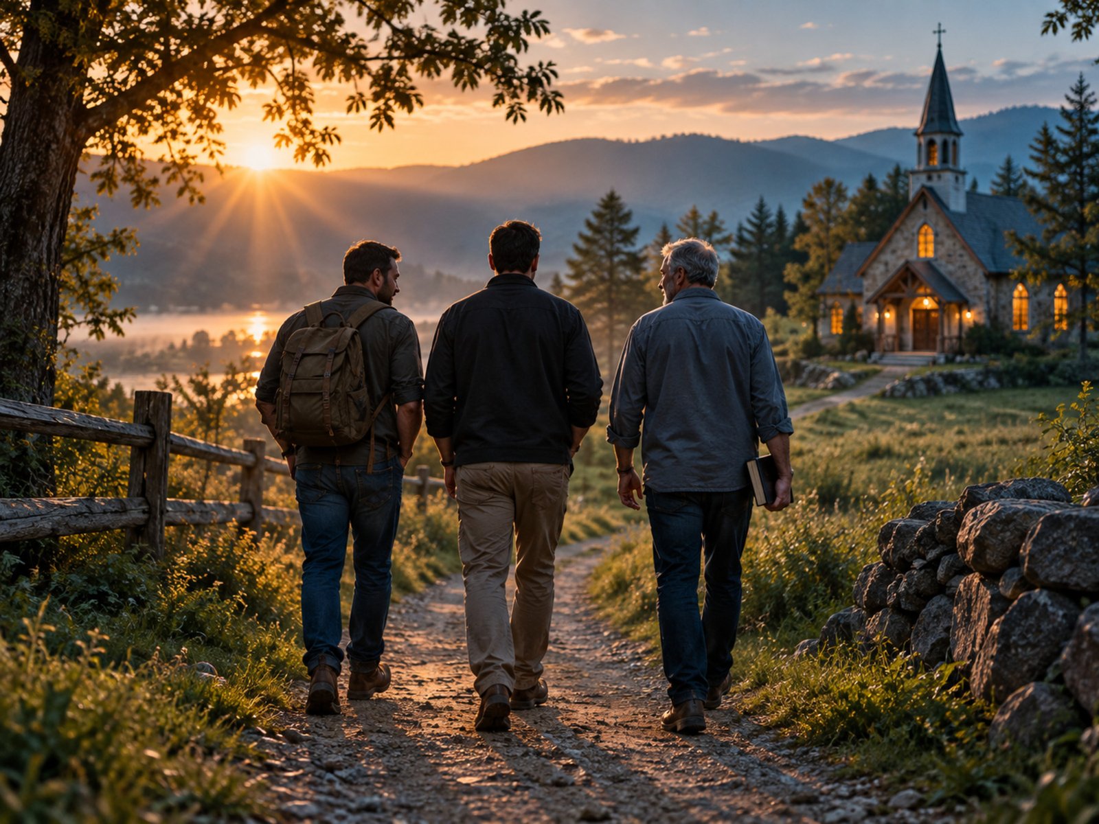 Three men walking together on a summer path toward a warmly lit church at sunrise.