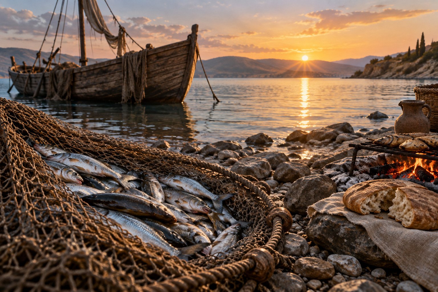 A fishing net full of fish lies beside bread and fish cooking over coals near a wooden boat at sunrise.