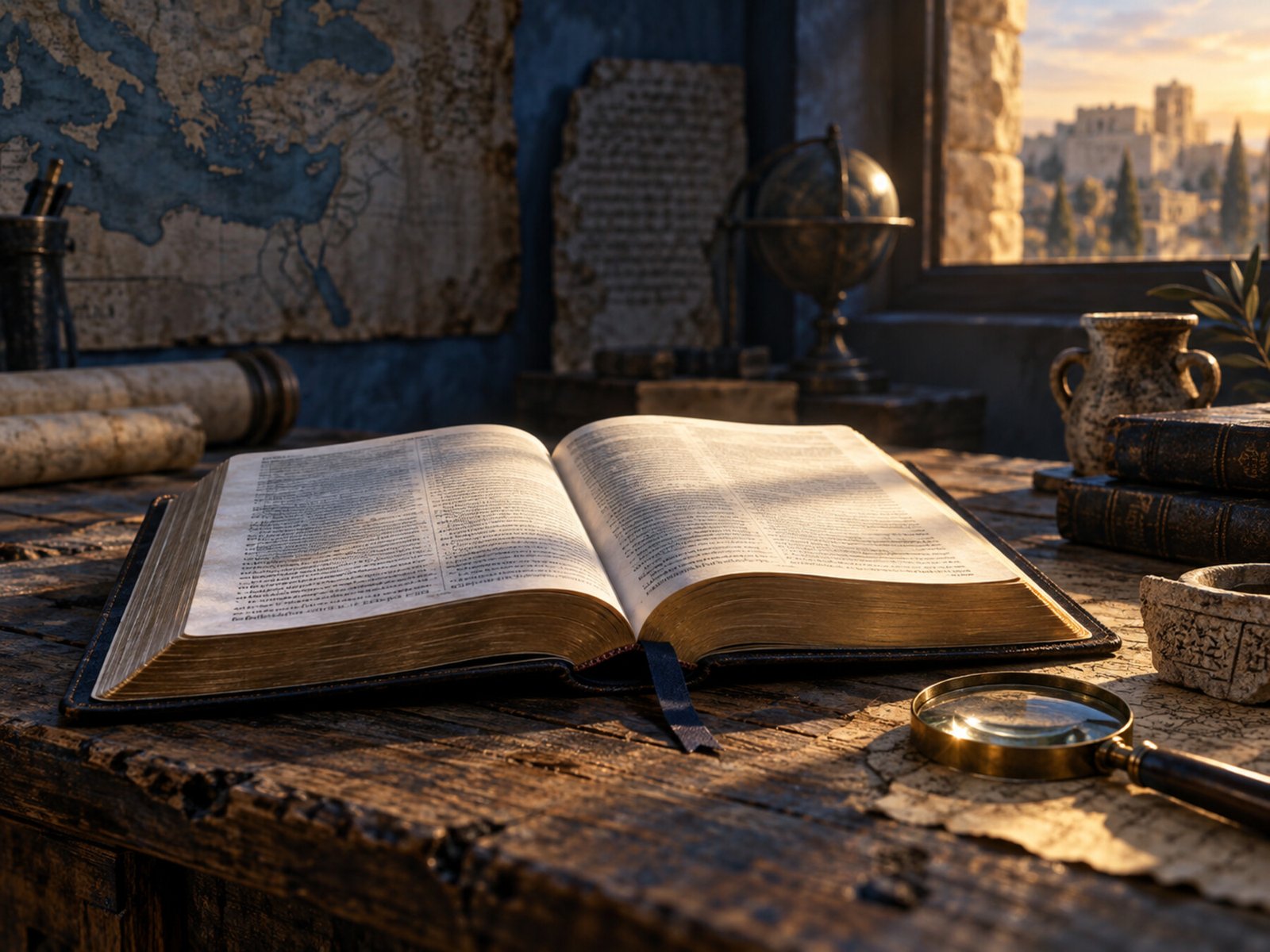 An open Bible, magnifying glass, map, and manuscript materials on a study table lit by warm sunlight.