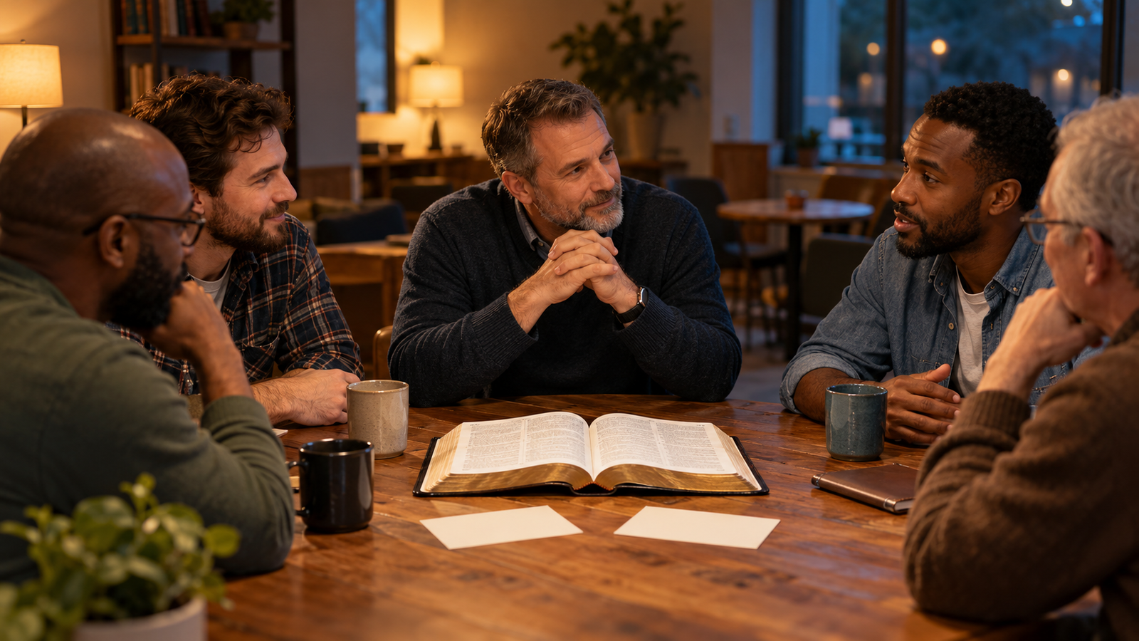 Men gather around an open Bible with two blank choice cards during an A-or-B Scripture discussion.