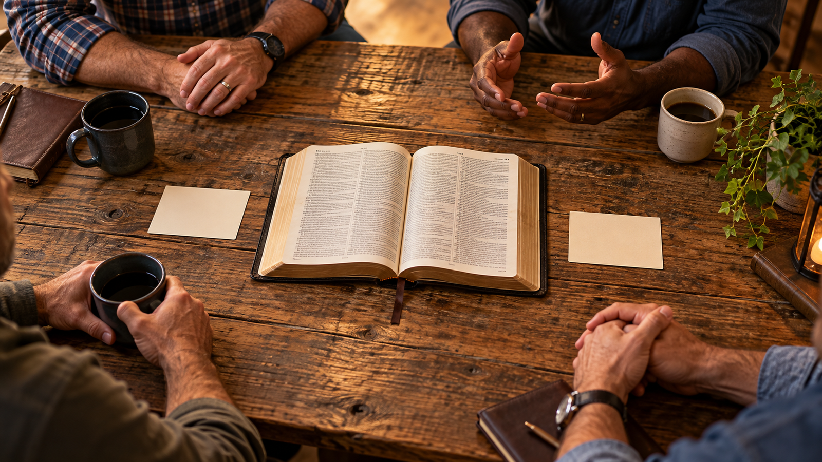 An open Bible rests at the center of a table as several men gather around it, with two blank cards representing the A-or-B discussion format.